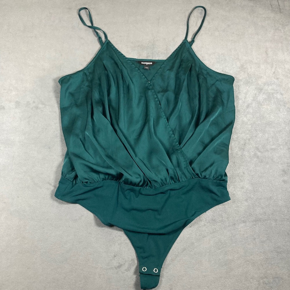 Express Womens XL Emerald Green Satin Surplice Wrap V-Neck Bodysuit Thong Snap